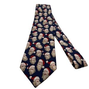 Lands' End SANTA Faces Neck Tie Holiday Navy Blue Silk 58" made in USA Christmas